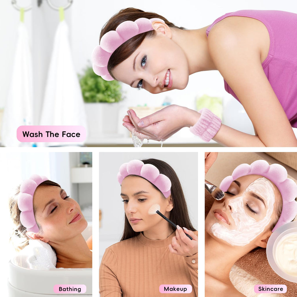 Spa Headband for Washing Face, Cute Skincare Headband and Wristband with Hair Clips Set for Women Girl, Soft-Puffy Velvet Makeup Headbands (Pink)